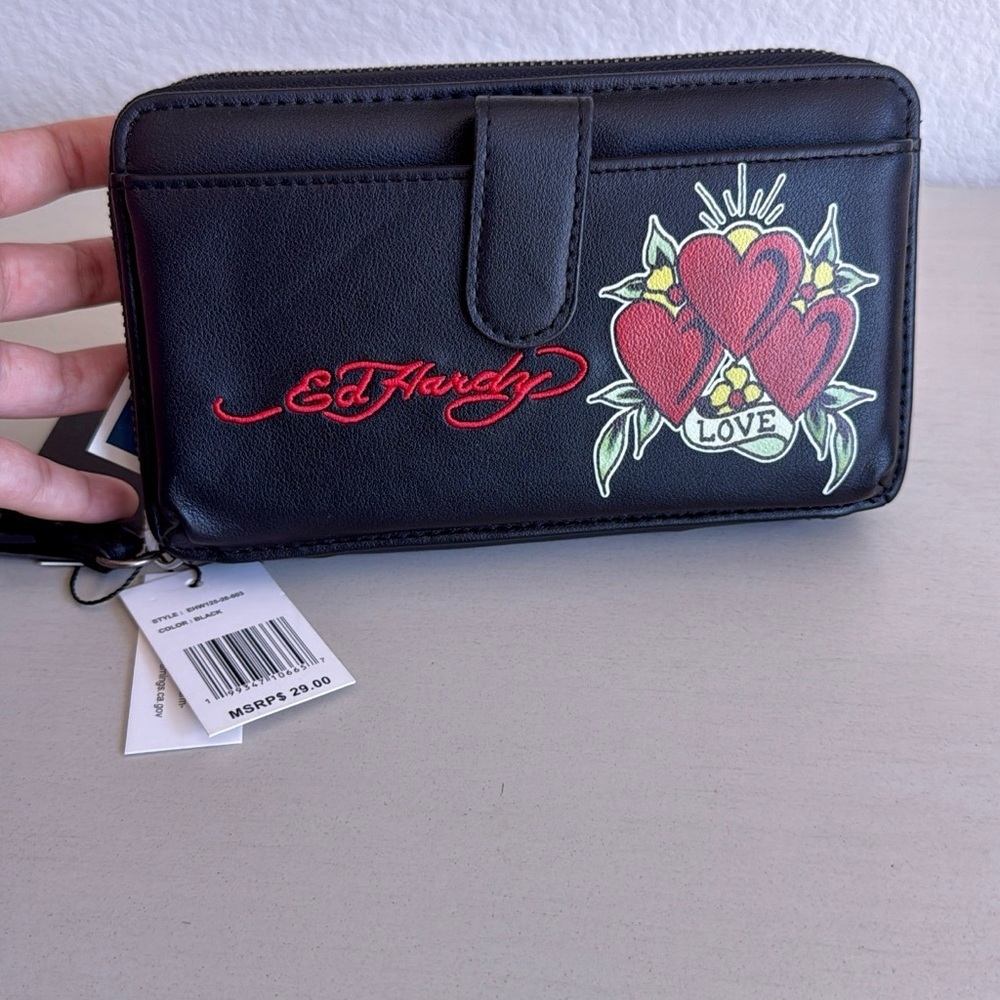 Ed Hardy Black Wallet with Heart and Love Design